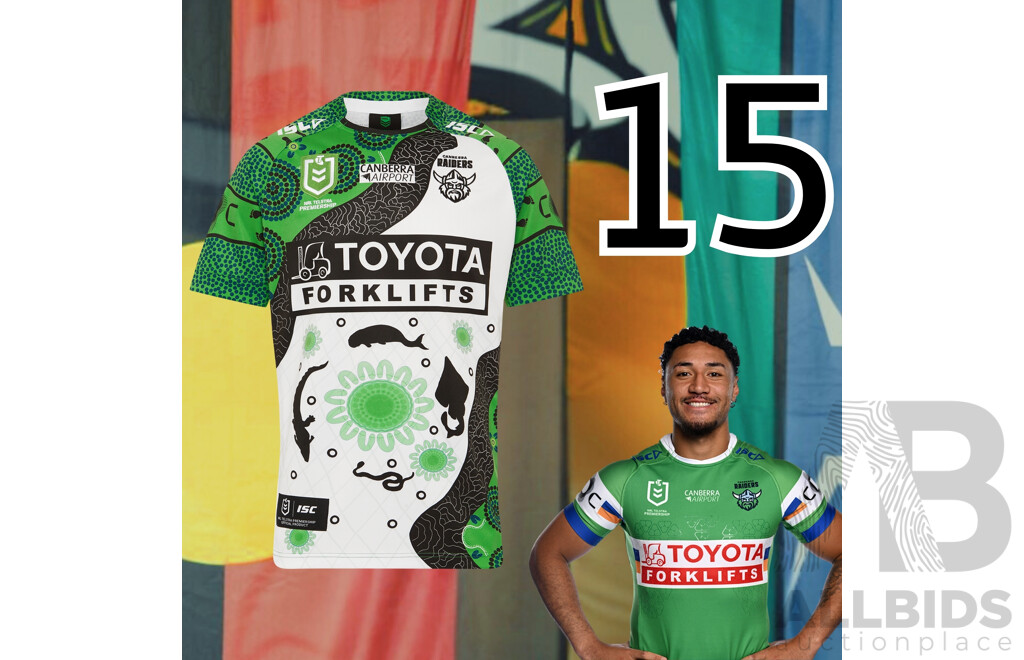 15. Simi Sasagi - Match Worn and Signed Canberra Raiders 2025 Indigenous Jersey - Round 23 V Manly - Proceeds Towards The Raiders Foundation