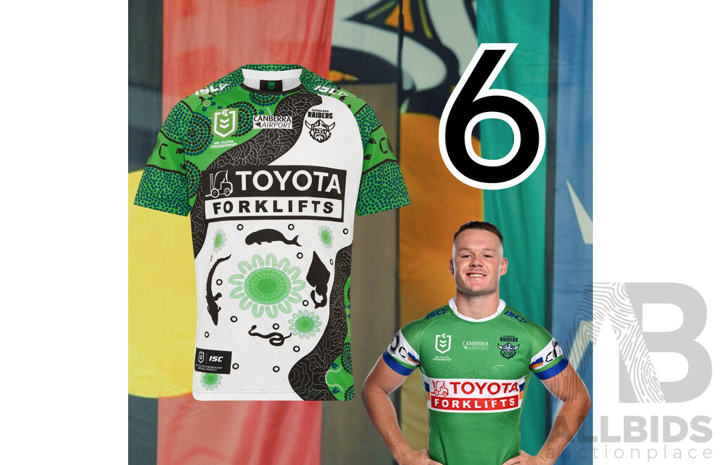 6. Ethan Strange - Match Worn and Signed Canberra Raiders 2025 Indigenous Jersey - Round 23 V Manly - Proceeds Towards The Raiders Foundation