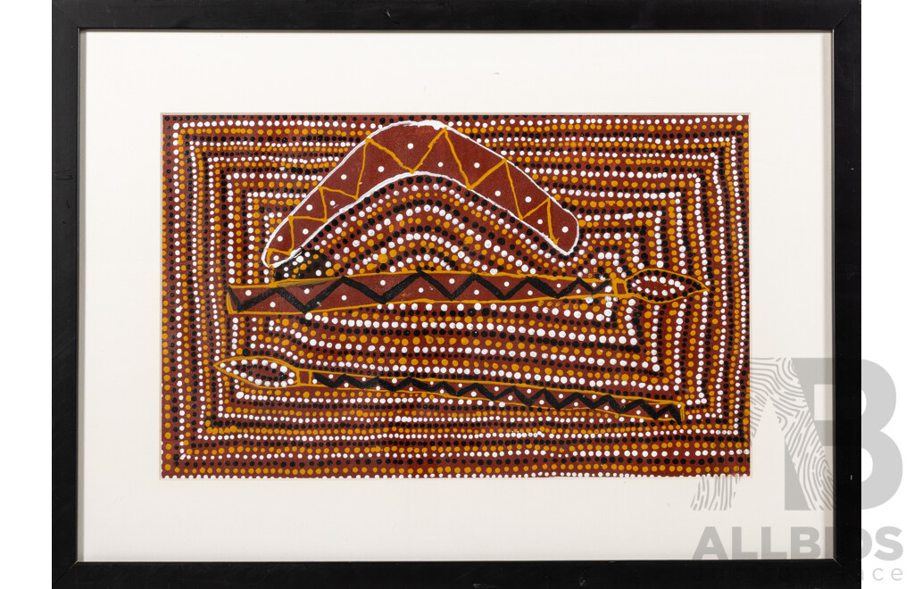 Roseanna Cox, (20th Century, Indigneous-Australian), Hunting Tools, Original Acrylic on Canvas Framed Under Glass, 39 x 54 cm (frame)
