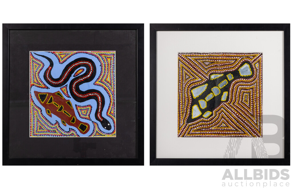 Cassie Rangi, (20th Century, Indigneous-Australian), Fish & Water Creatures, Pair of Original Acrylics on Canvas Framed Under Glass, 40 x 40 cm (frames) (2)