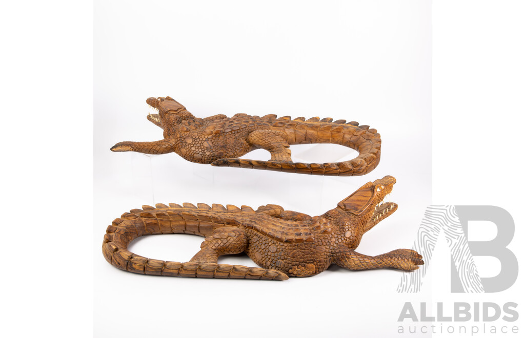 Pair Hand Carved Wooden Solomon Islands Crocodile Figures with Bone Teeth Detail