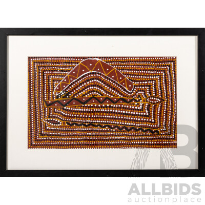 Roseanna Cox, (20th Century, Indigneous-Australian), Hunting Tools, Original Acrylic on Canvas Framed Under Glass, 39 x 54 cm (frame)