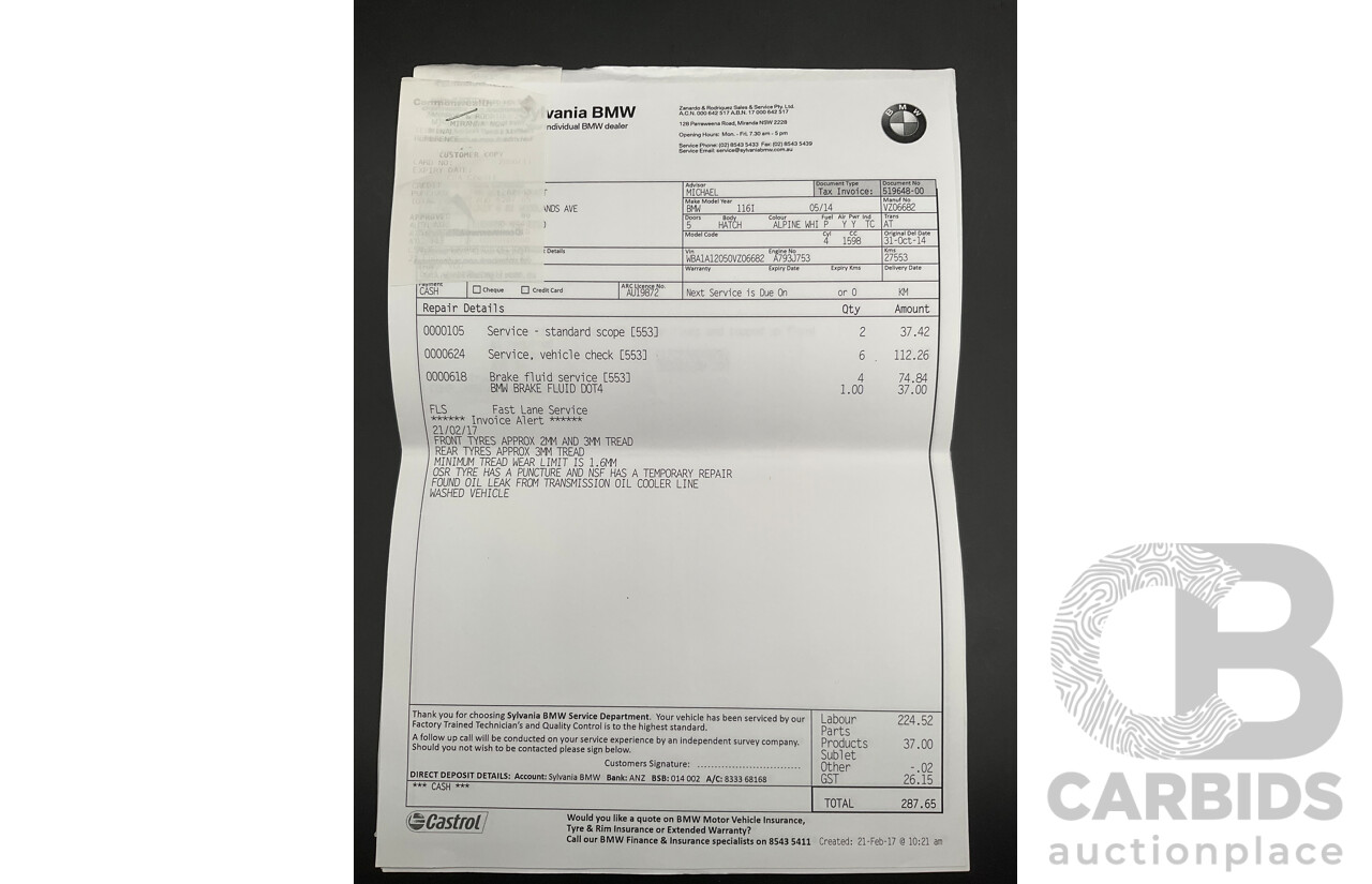 7/2014 BMW 116i F20 MY14 5d Hatchback Alpine White Turbo 1.6L