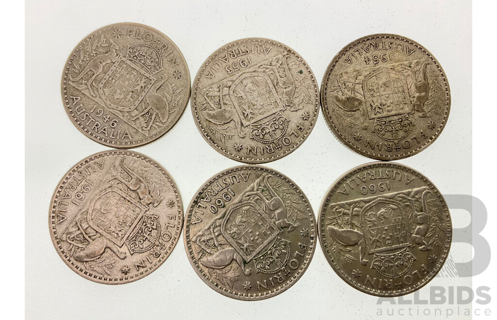 Six Australian Silver Florins 1946, 1953, 1954, 1960(2) 1961 .500