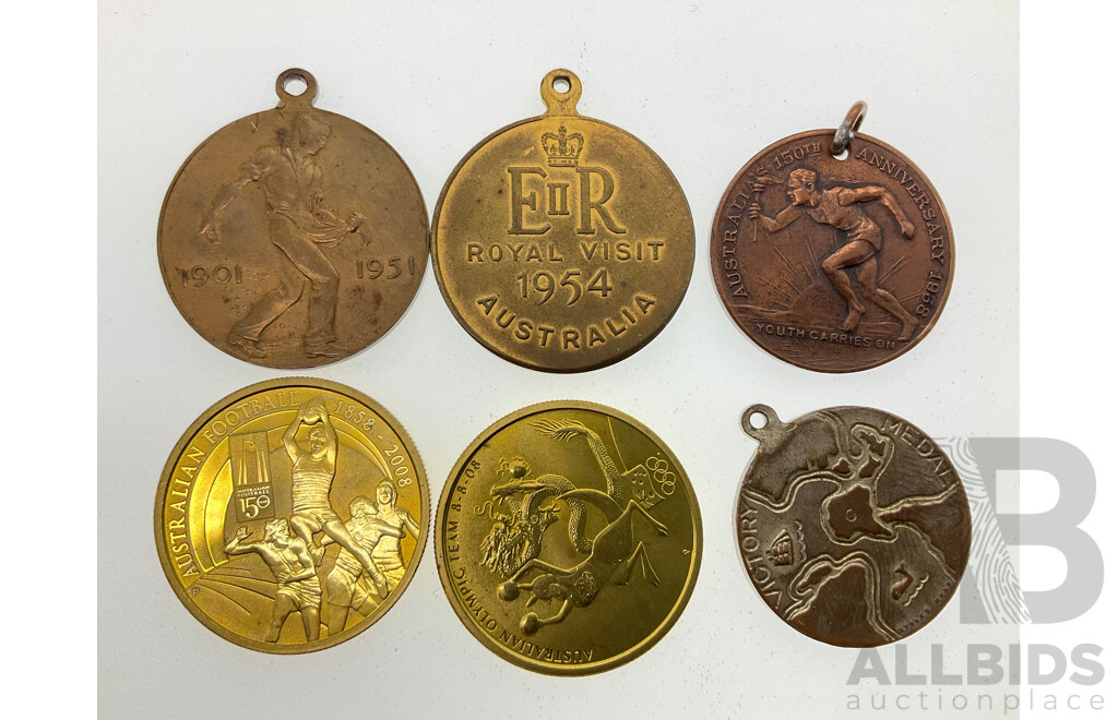Australian Commemorative Medals Including 1945 WW2 Victory, 1958 Australia's 150h Anniversary, 1951 Fifty Years of Commonwealth, 1954 Royal Visit with Two 2008 One Dollars, AFL 1858-2008 and Olympic Team