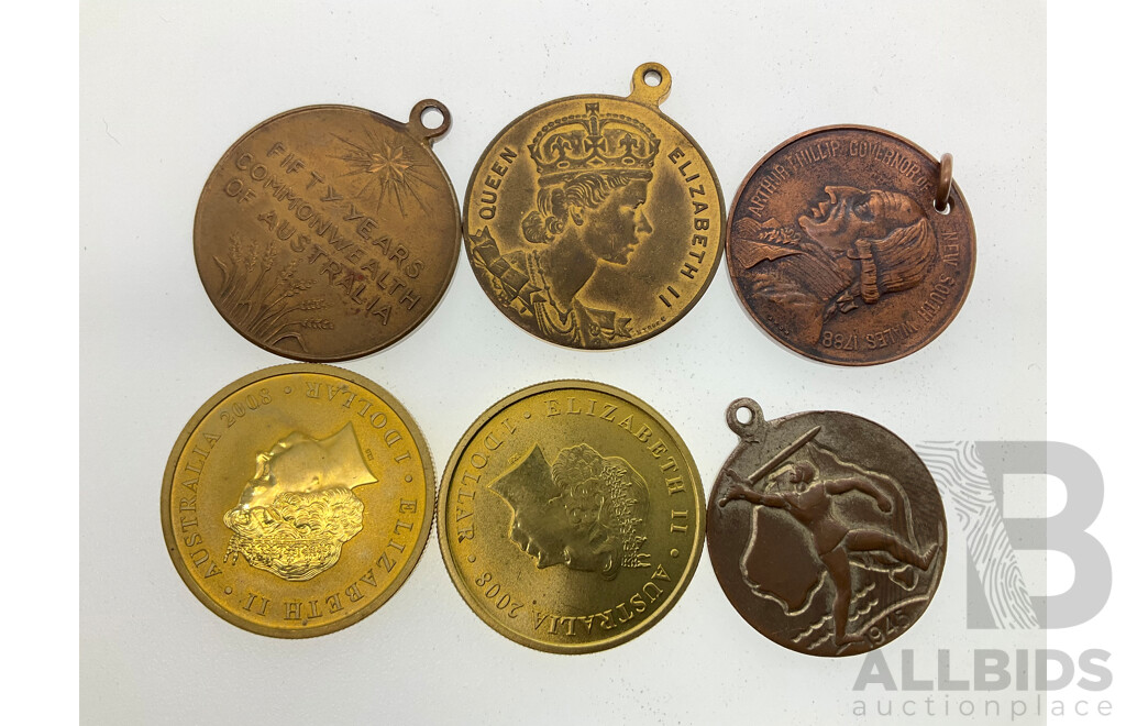 Australian Commemorative Medals Including 1945 WW2 Victory, 1958 Australia's 150h Anniversary, 1951 Fifty Years of Commonwealth, 1954 Royal Visit with Two 2008 One Dollars, AFL 1858-2008 and Olympic Team