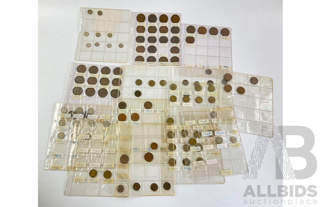 Collection of Great Britain Coins Including Silver Threepence Consecutive 1915 to 1921 Pennies Spanning 1913 to 1940, Half Pennies, Farthings, Sixpence, Threepence