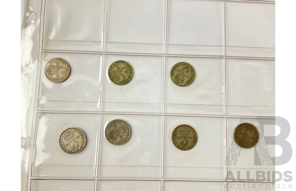 Collection of Great Britain Coins Including Silver Threepence Consecutive 1915 to 1921 Pennies Spanning 1913 to 1940, Half Pennies, Farthings, Sixpence, Threepence
