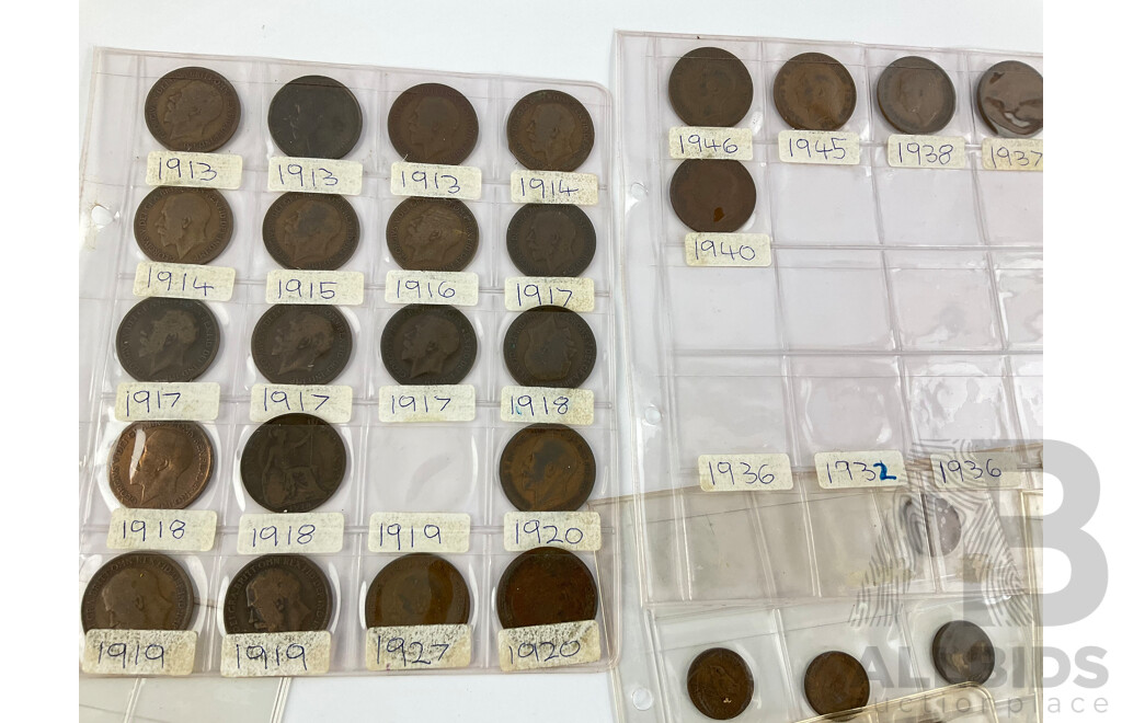 Collection of Great Britain Coins Including Silver Threepence Consecutive 1915 to 1921 Pennies Spanning 1913 to 1940, Half Pennies, Farthings, Sixpence, Threepence