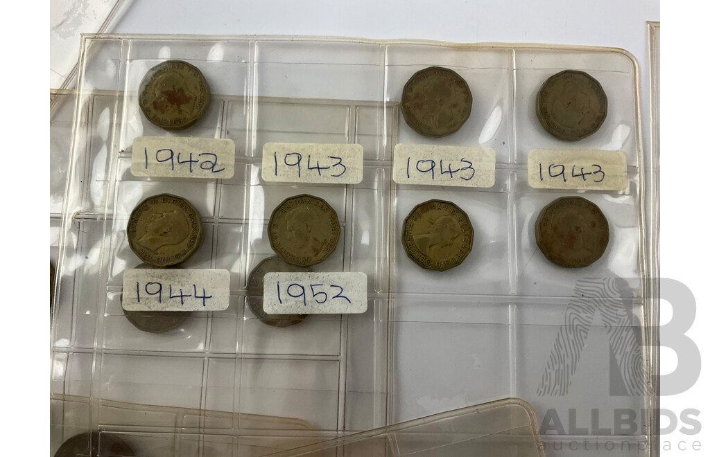 Collection of Great Britain Coins Including Silver Threepence Consecutive 1915 to 1921 Pennies Spanning 1913 to 1940, Half Pennies, Farthings, Sixpence, Threepence