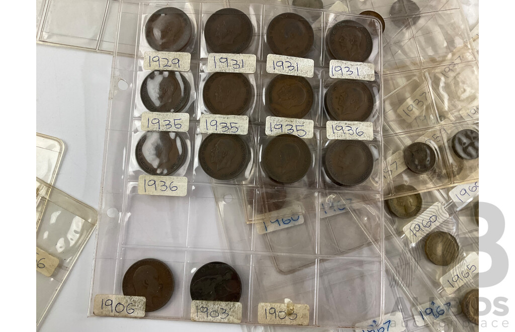 Collection of Great Britain Coins Including Silver Threepence Consecutive 1915 to 1921 Pennies Spanning 1913 to 1940, Half Pennies, Farthings, Sixpence, Threepence