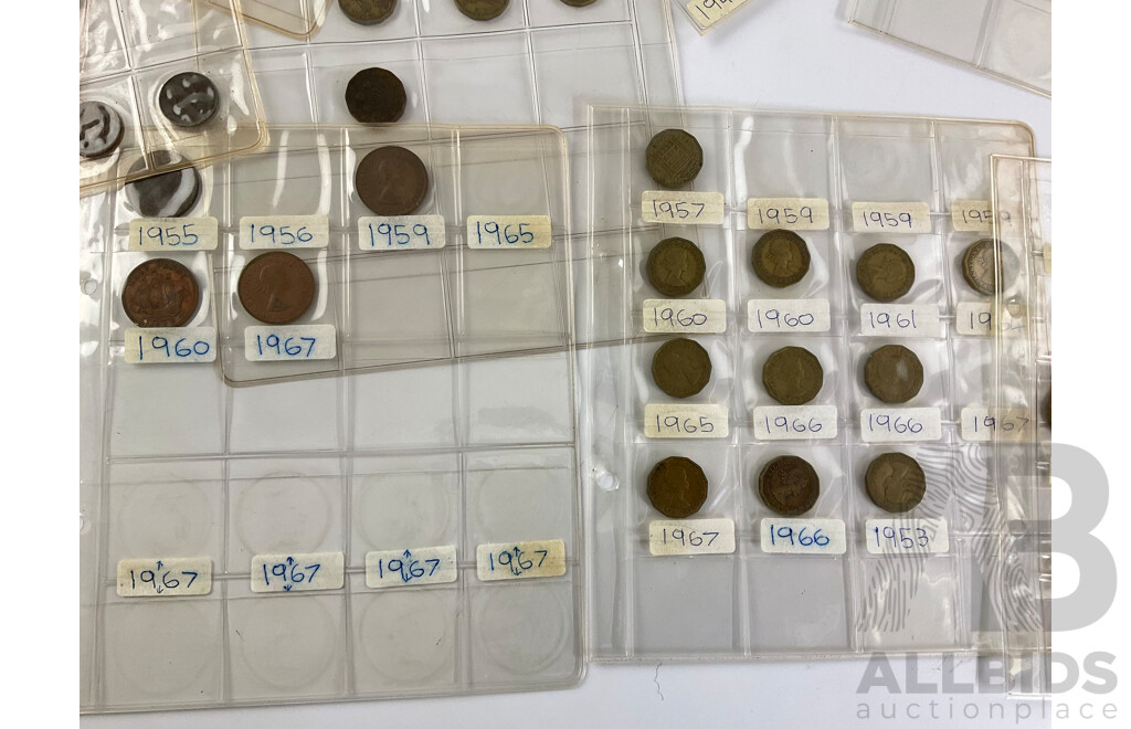 Collection of Great Britain Coins Including Silver Threepence Consecutive 1915 to 1921 Pennies Spanning 1913 to 1940, Half Pennies, Farthings, Sixpence, Threepence