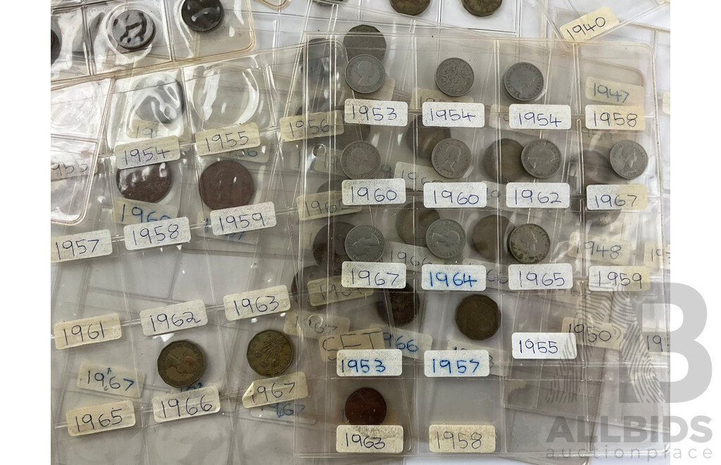 Collection of Great Britain Coins Including Silver Threepence Consecutive 1915 to 1921 Pennies Spanning 1913 to 1940, Half Pennies, Farthings, Sixpence, Threepence