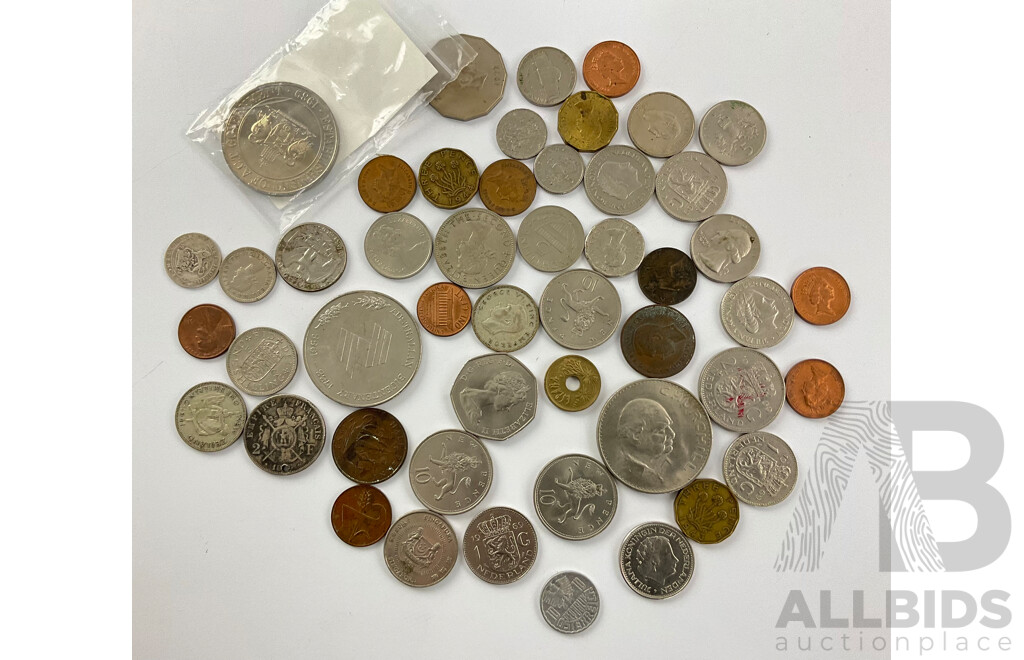 Collection of Vintage International Coins Inducing French Silver Napoleon Two Francs, New Zealand 1941 Silver Shilling, UK 1965 Churchill Crown, 1988 Bicentenary and ACT Medallions and More