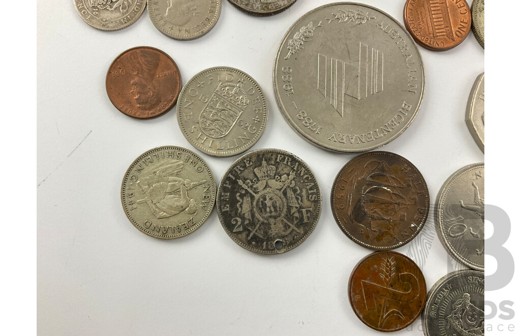 Collection of Vintage International Coins Inducing French Silver Napoleon Two Francs, New Zealand 1941 Silver Shilling, UK 1965 Churchill Crown, 1988 Bicentenary and ACT Medallions and More