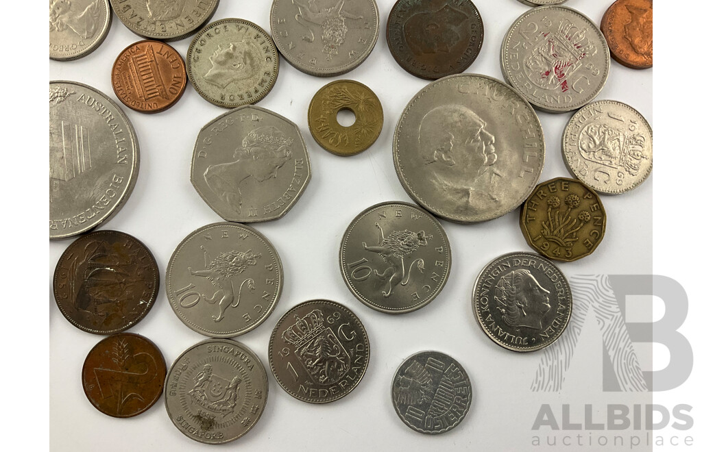 Collection of Vintage International Coins Inducing French Silver Napoleon Two Francs, New Zealand 1941 Silver Shilling, UK 1965 Churchill Crown, 1988 Bicentenary and ACT Medallions and More