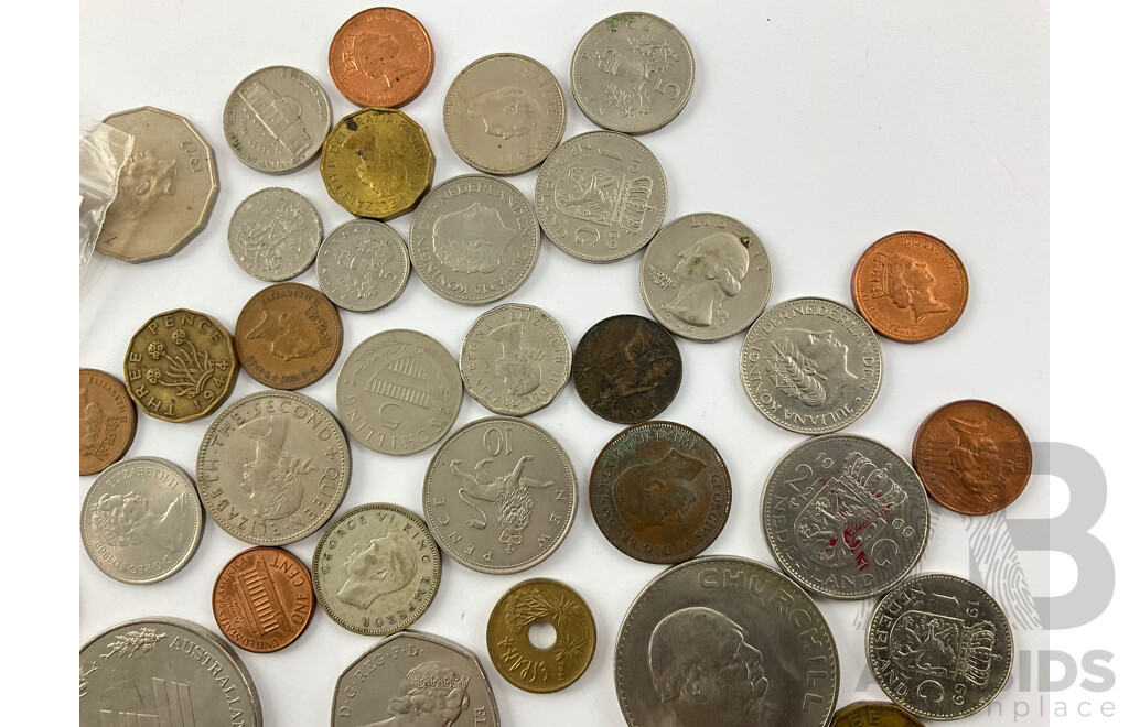 Collection of Vintage International Coins Inducing French Silver Napoleon Two Francs, New Zealand 1941 Silver Shilling, UK 1965 Churchill Crown, 1988 Bicentenary and ACT Medallions and More