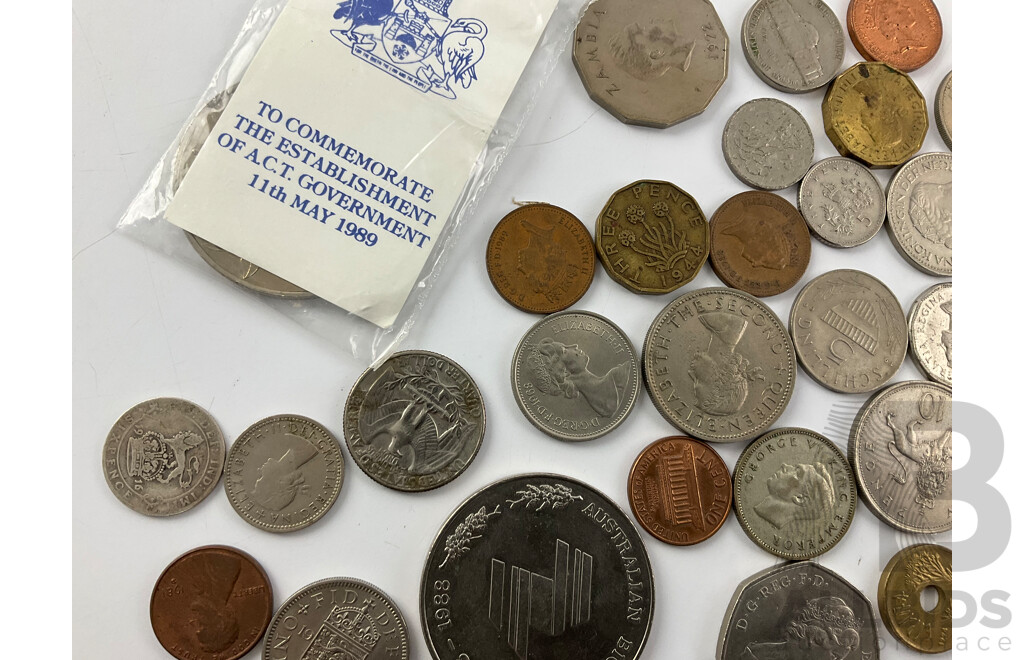 Collection of Vintage International Coins Inducing French Silver Napoleon Two Francs, New Zealand 1941 Silver Shilling, UK 1965 Churchill Crown, 1988 Bicentenary and ACT Medallions and More