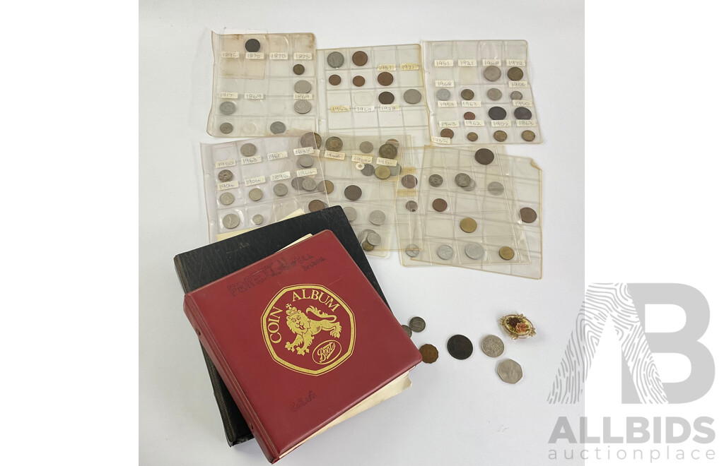 Collection of Vintage International Coins Inducing Iraq 1931-33 Silver Fifty Fils, Great Britain Silver GIV Shilling, Ireland 1928 Silver Shilling, France, USA