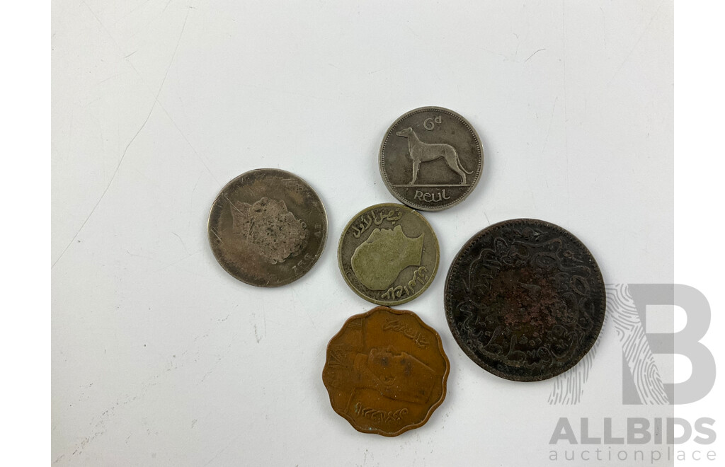 Collection of Vintage International Coins Inducing Iraq 1931-33 Silver Fifty Fils, Great Britain Silver GIV Shilling, Ireland 1928 Silver Shilling, France, USA