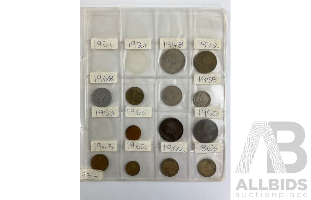 Collection of Vintage International Coins Inducing Iraq 1931-33 Silver Fifty Fils, Great Britain Silver GIV Shilling, Ireland 1928 Silver Shilling, France, USA