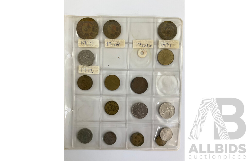 Collection of Vintage International Coins Inducing Iraq 1931-33 Silver Fifty Fils, Great Britain Silver GIV Shilling, Ireland 1928 Silver Shilling, France, USA