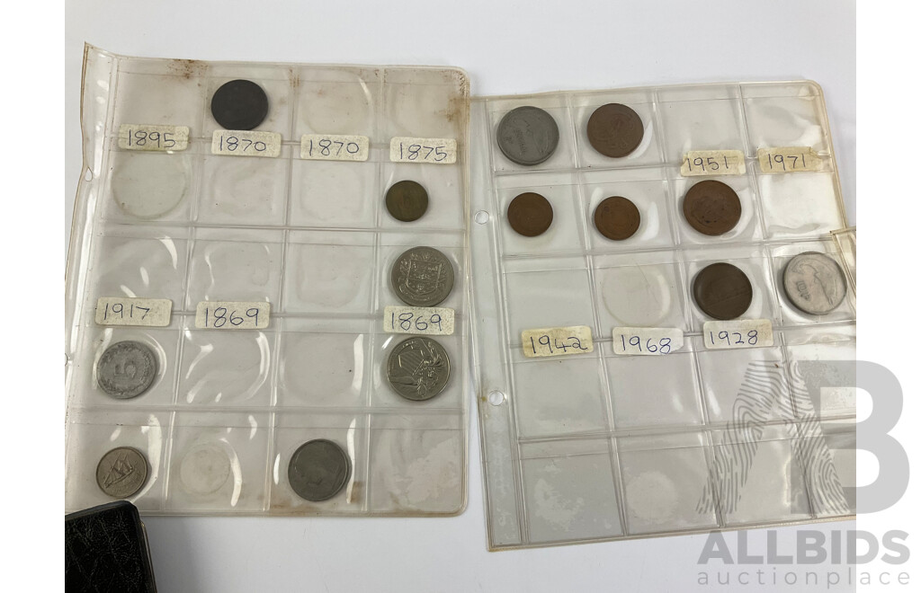 Collection of Vintage International Coins Inducing Iraq 1931-33 Silver Fifty Fils, Great Britain Silver GIV Shilling, Ireland 1928 Silver Shilling, France, USA