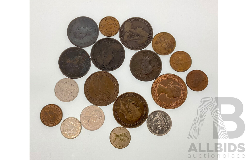 Collection of Great Britain Pennies Including 1806(2) 1807 1899, 1901, 1918, 1967, Island of Jersey 1943, QE2 Canadian Coins