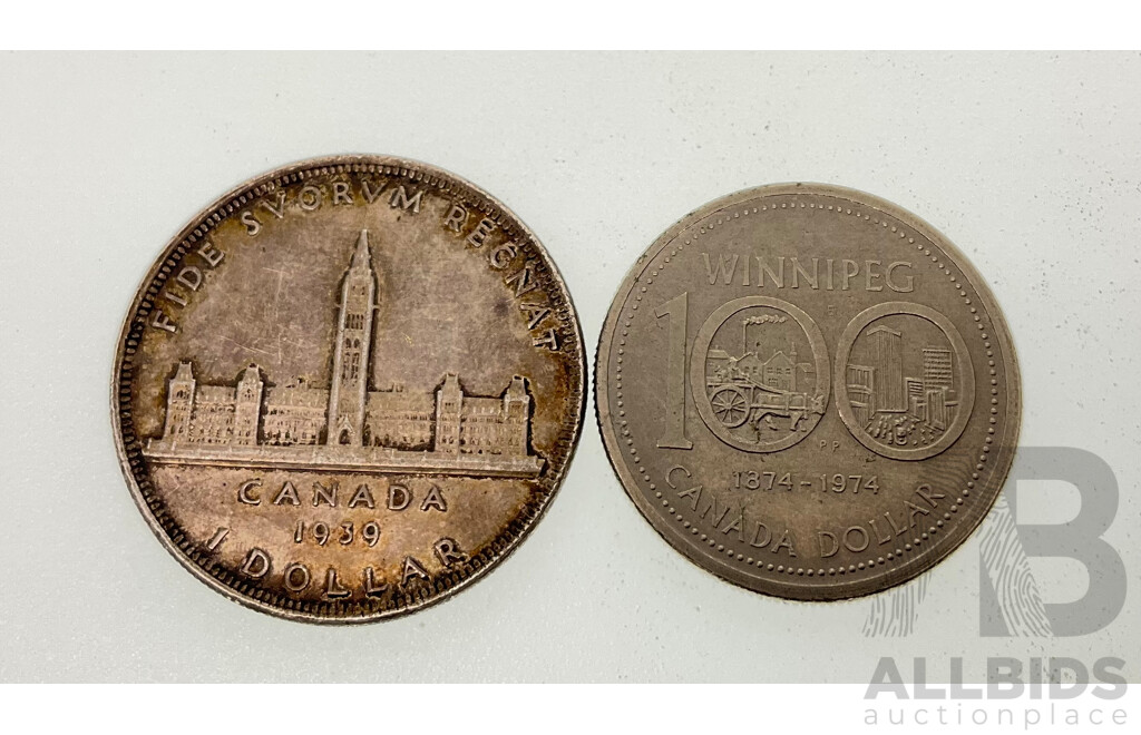 Canadian 1939 Silver One Dollar, Royal Visit with 1974 One Dollar Winnipeg 100th Anniversary