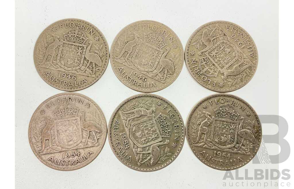 Six Australian 1947 Silver Florins 1946(3) 1954(3) .500