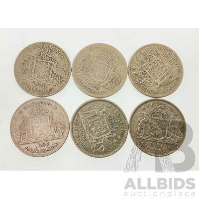 Six Australian 1947 Silver Florins 1946(3) 1954(3) .500