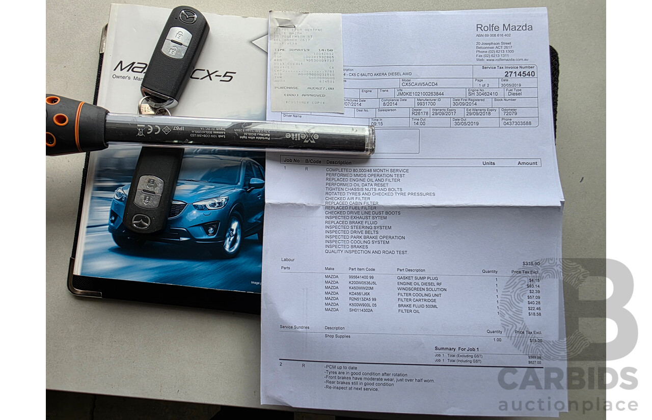 8/2014 Mazda Cx-5 Akera (AWD) MY13 UPGRADE 4d Wagon White Turbo Diesel 2.2L