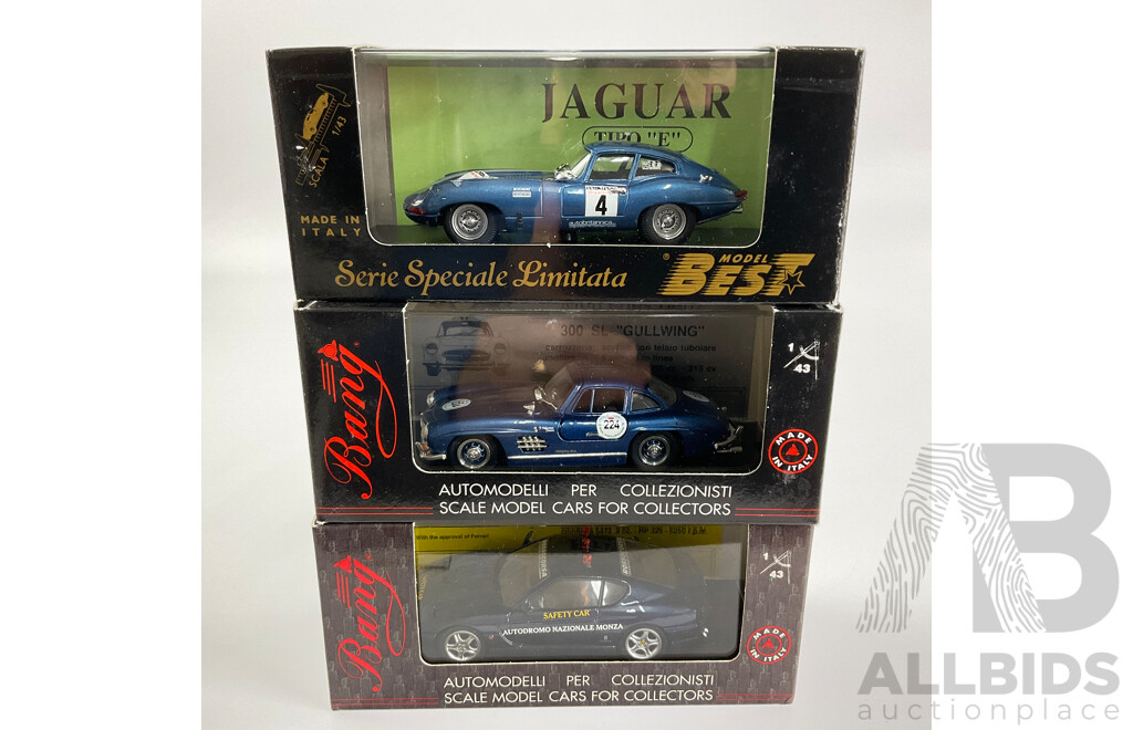 Bang Diecast Mercedes Benz 300 SL Gullwing, Ferrari 455 GT and Model Best Jaguar E Type - 1:43 Scale