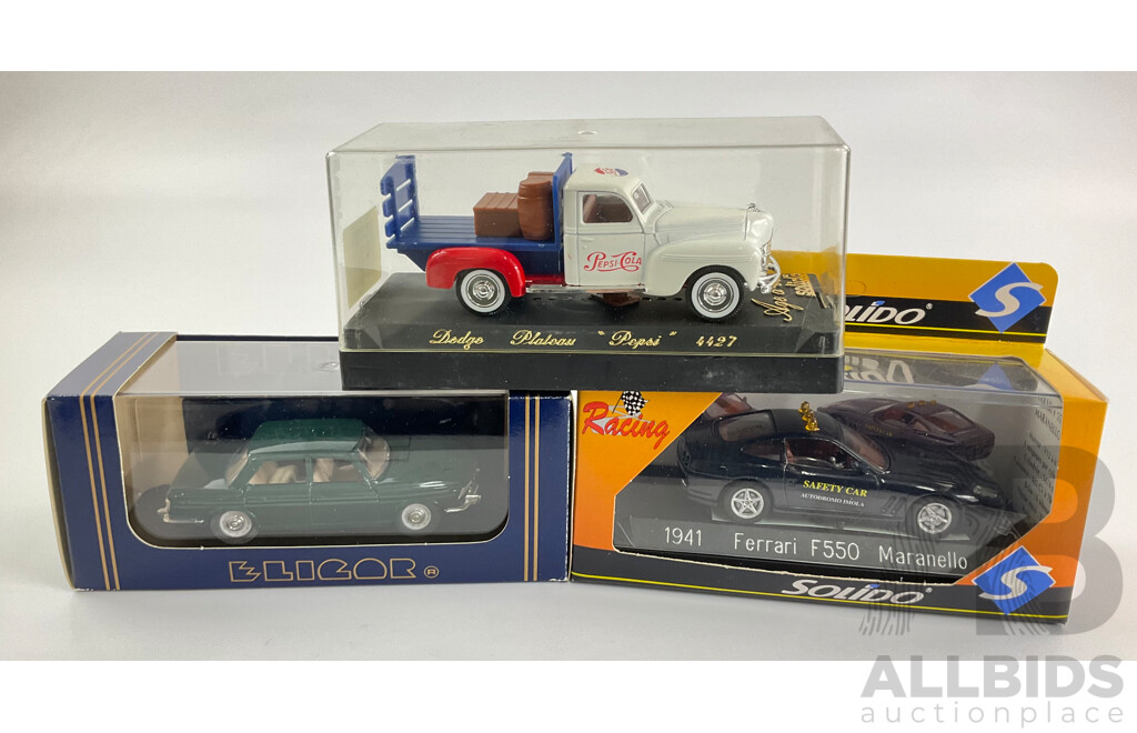 Solido Diecast Ferrari F550 Marnello, Dodge Plateau Pepsi Pickup and Elicar BMW 2000