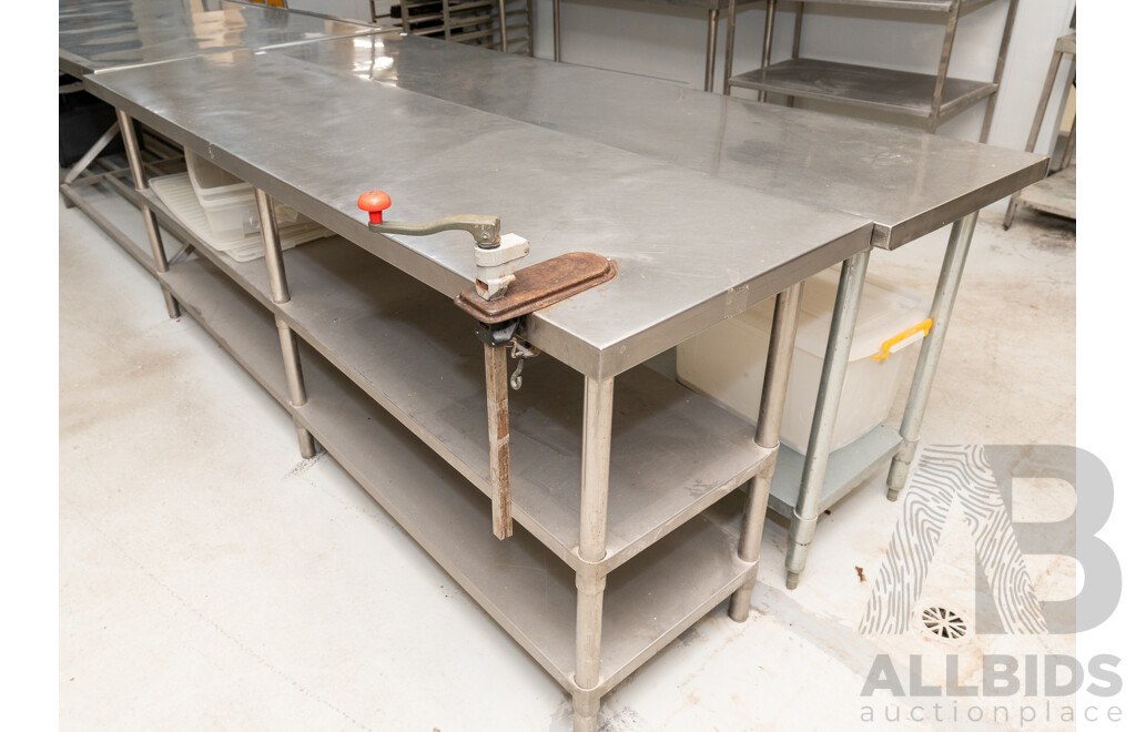 Quantity of 2 Stainless Steel Work Bench's with Under Bench Storage Shelf and Commercial Bonzer Can Opener