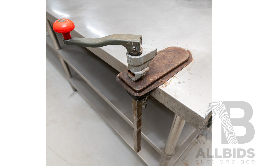 Quantity of 2 Stainless Steel Work Bench's with Under Bench Storage Shelf and Commercial Bonzer Can Opener