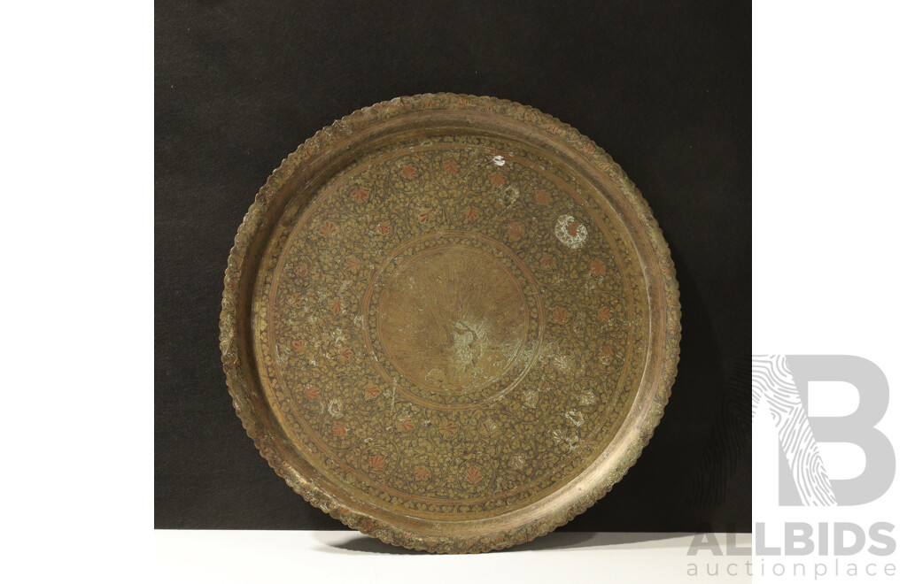 Vintage Middle Eastern Brass Tray with Engraved Peacock Motif