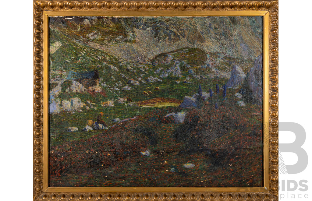 Artist Unknown (1900), Solitude Amongst the Rocks, Very Unique Antique Oil on Canvas, 89 x 109 cm (frame)