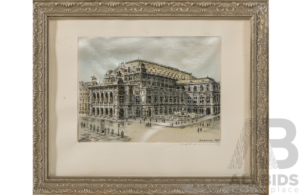 Ludwig Adamus, (20th Century, Austrian, 1912-1980), Vienna State Opera House (1955), Hand Coloured Lithograph on Fabric, 24 x 29 cm (frame)