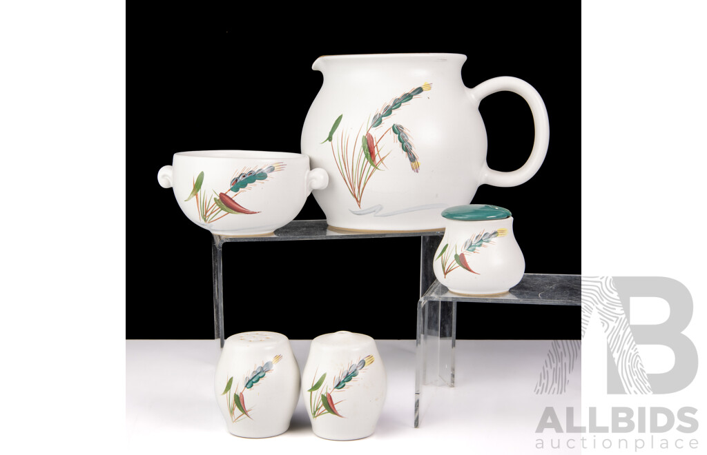Collection Five Pieces Mid Century Denby Ceramic in Green Wheat Pattern Designed by Albert Colledge