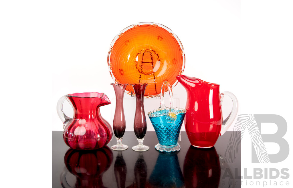 Collection Vintage Ruby and Cranberry Glass Including Bowl and Basket with Aventurine Inclusions,