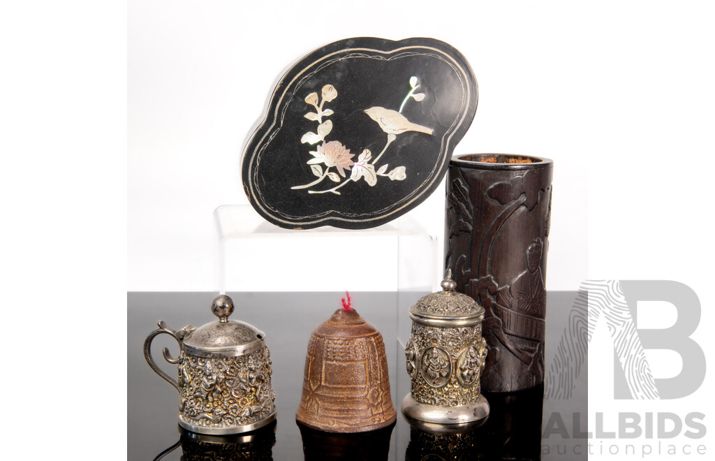 Collection Vintage Asian Items Comprising Lacquer Ware Lidded Box with Mother of Pearl Inlay, Carved Bamboo Brush Pot, Two White Metal Toothpick Holders and More