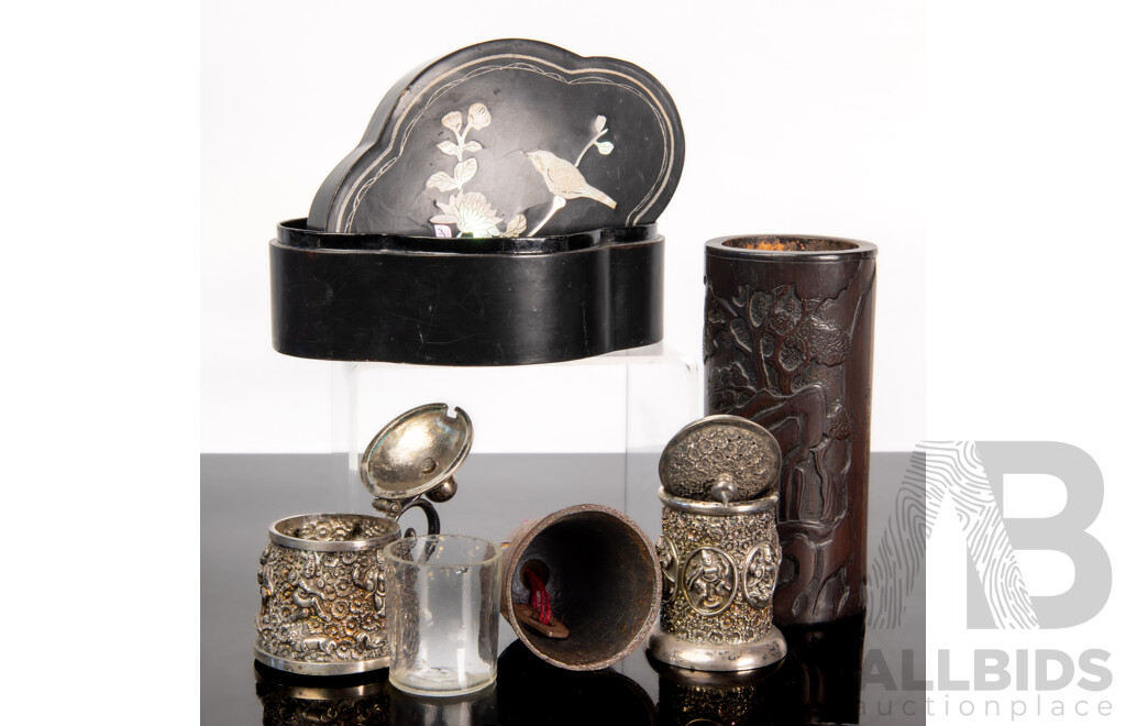 Collection Vintage Asian Items Comprising Lacquer Ware Lidded Box with Mother of Pearl Inlay, Carved Bamboo Brush Pot, Two White Metal Toothpick Holders and More