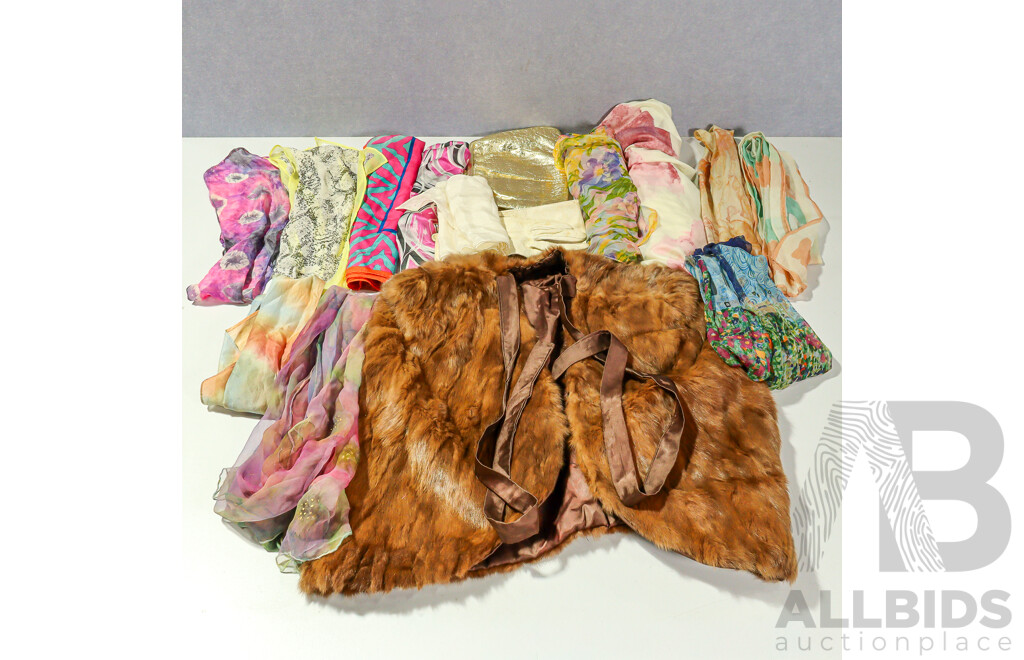 Collection Vintage Fashion Including Jane Shilton Gold Clutch, Various Silk Scarfes, Kid Skin Gloves & Fur Cape