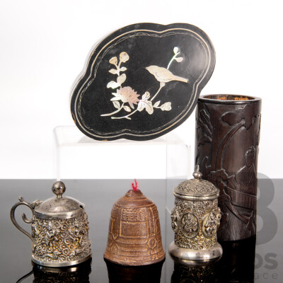 Collection Vintage Asian Items Comprising Lacquer Ware Lidded Box with Mother of Pearl Inlay, Carved Bamboo Brush Pot, Two White Metal Toothpick Holders and More