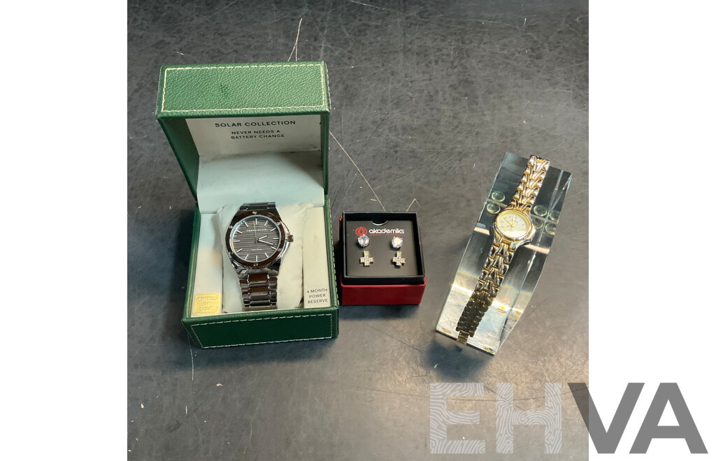 PERRY ELLIS Solar Power Watch & Akademiks Earrings & Cardini Watch - Lot of 3