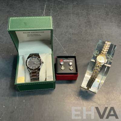 PERRY ELLIS Solar Power Watch & Akademiks Earrings & Cardini Watch - Lot of 3
