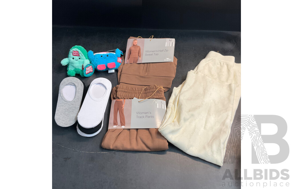 Crane Women's Half Zip Sweat Top & Track Pants & CQ Logo White Pants & BUMBUMZ Plush Toys & Assorted Socks