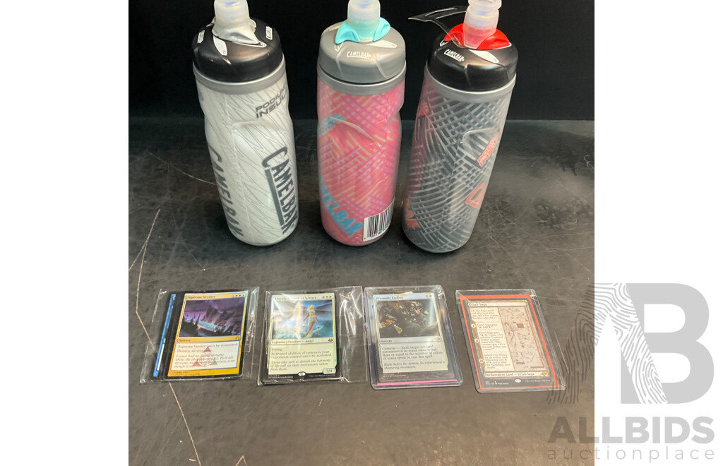 3 X CAMELBAK Sports Bottles & Magic the Gathering Game Cards (Urza's Saga, Prismatic Ending, Power Depot)