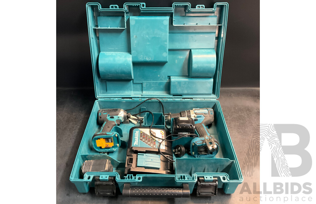 MAKITA DHP484 Hammer Driver Drill & DTD153 Impact Driver Set with 1x Charger & 1x Battery & 1x Stanley 8M Tape Measure